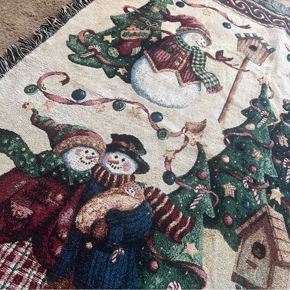 VTG Vicky Howard Snowman Tapestry Throw Christmas Holiday Winter 48x66”